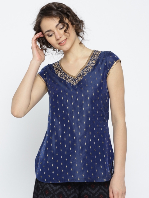 

Rangriti Women Navy Blue & Golden Self-Design Top