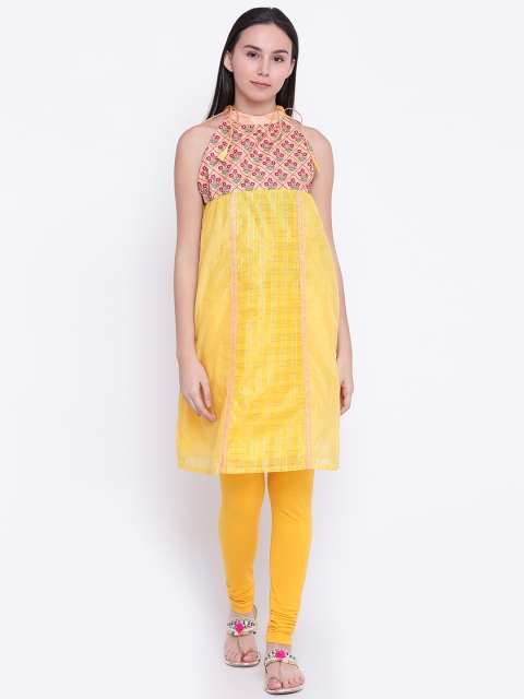 

Rangriti Women Yellow Floral Embroidered A-Line Kurta