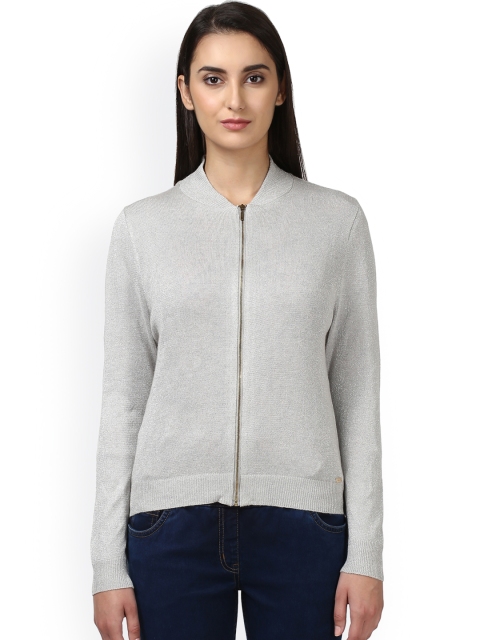 

Park Avenue Women Grey Solid Front Open Sweater