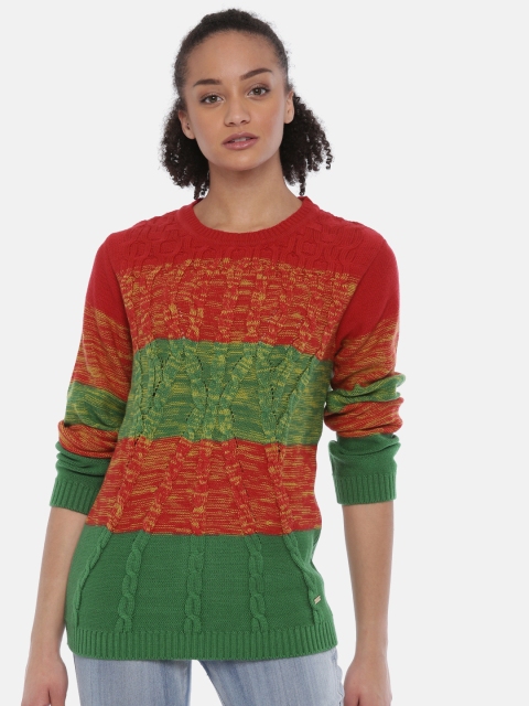 

Park Avenue Women Red & Green Colourblocked Pullover Sweater