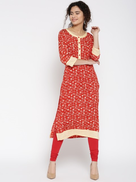 

HERE&NOW Women Red & Cream-Coloured Printed Straight Kurta
