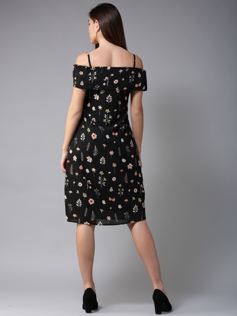 

HERE&NOW Women Black Printed Off-Shoulder A-Line Dress