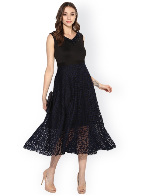 

Soie Women Black Solid Fit & Flare Semi-Sheer Dress