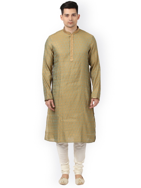 

ethnix by Raymond Men Green & Cream-Coloured Self-Design Kurta with Churidar