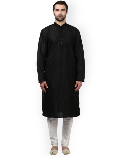 

ethnix by Raymond Men Black & Cream-Coloured Self Design Kurta with Churidar