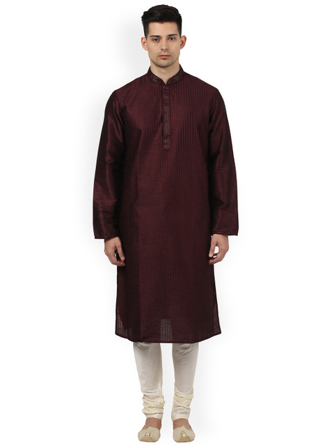 

ethnix by Raymond Men Maroon & Cream-Coloured Self Design Kurta with Churidar