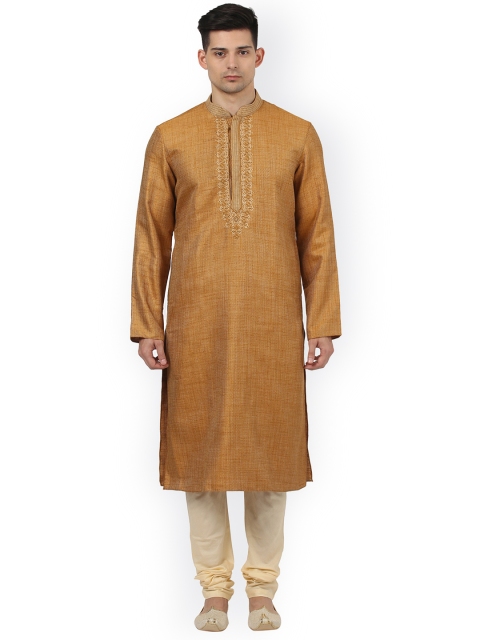 

Ethnix by Raymond Men Brown & Cream-Coloured Self-Design Kurta with Pyjamas