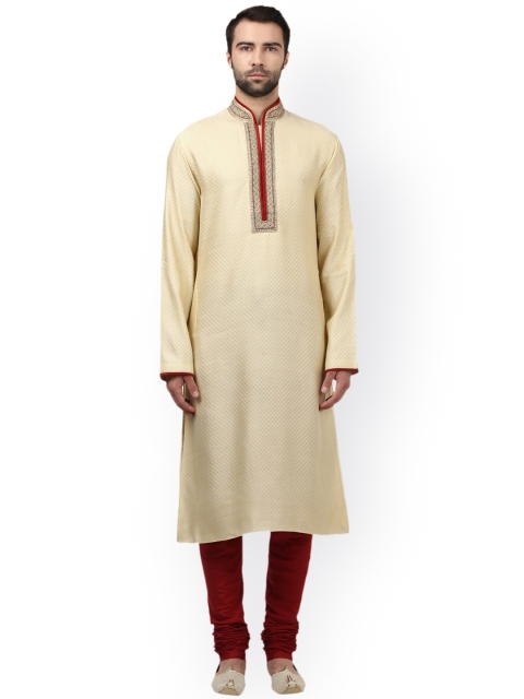 

ethnix by Raymond Men Cream-Coloured & Maroon Self-Design Kurta with Pyjamas