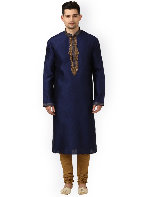 

Ethnix by Raymond Men Navy Blue & Brown Self Design Kurta with Churidar