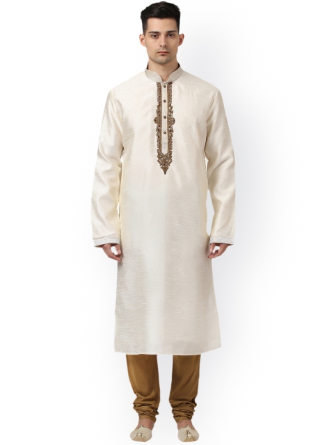 

ethnix by Raymond Men Off-White & Brown Embroidered Kurta with Pyjamas