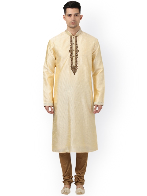 

ethnix by Raymond Men Cream-Coloured & Brown Embroidered Kurta with Pyjamas