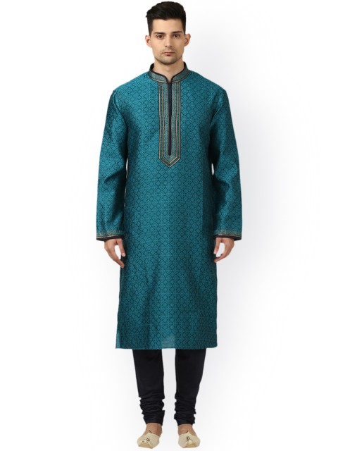 

ethnix by Raymond Men Teal Blue & Black Self-Design Kurta with Churidar