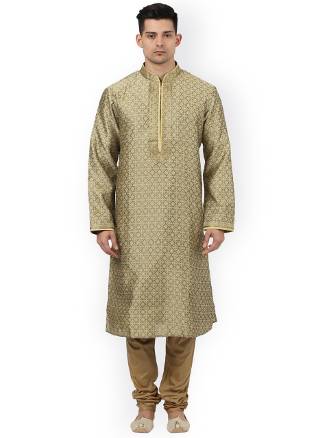 

ethnix by Raymond Men Gold-Toned & Olive Green Self Design Kurta with Churidar