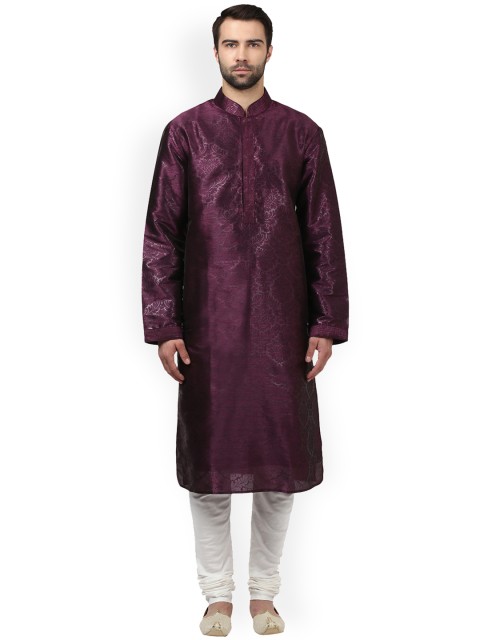 

ethnix by Raymond Men Purple & Off-White Self Design Kurta with Churidar