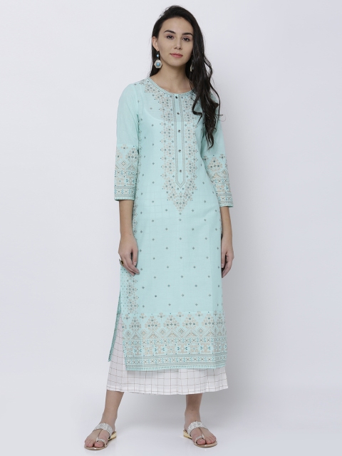 

Vishudh Women Turquoise Blue Printed Straight Kurta