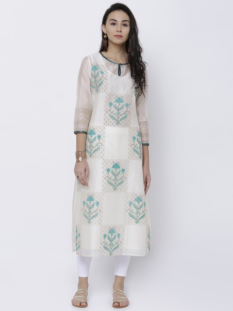 

Vishudh Women Cream-Coloured & Green Printed Straight Kurta
