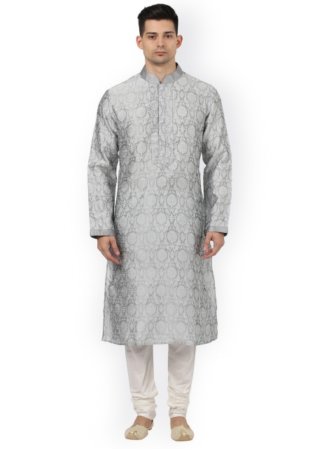 

ethnix by Raymond Men Grey & Off-White Self-Design Kurta with Churidar
