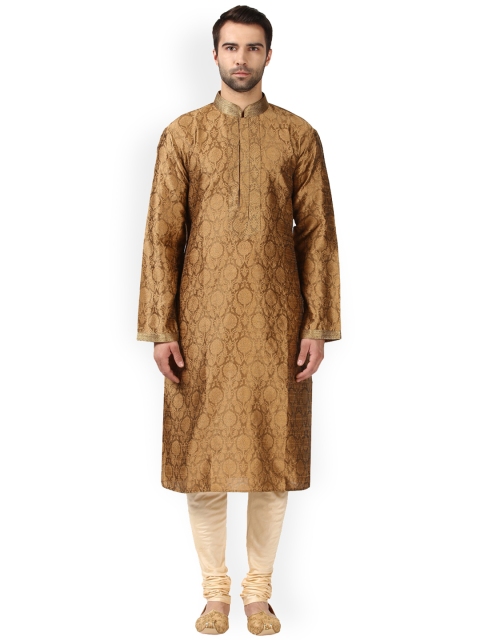 

ethnix by Raymond Men Brown & Cream-Coloured Self-Design Kurta with PyjamasPyjamas