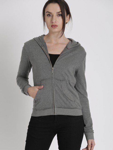 

Chemistry Women Grey Melange Solid Hooded Sweatshirt