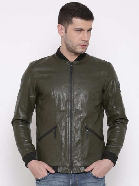 

Jack & Jones Men Olive Green Self-Design Bomber Jacket