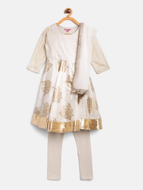 

Biba Girls Cream-Coloured Printed Kurta with Churidar & Dupatta