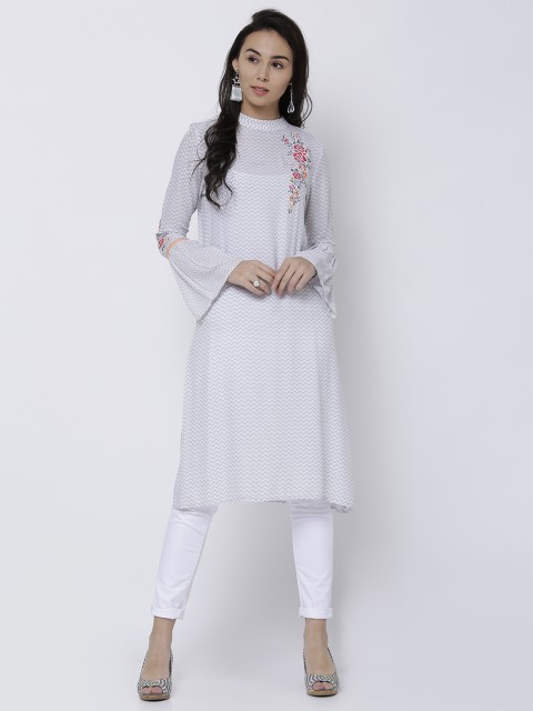 

Vishudh Women White Chevron Print A-Line Kurta