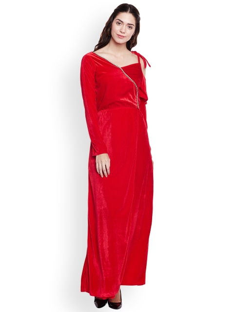 

Athena Women Red Solid Velvet Finish Wrap Maxi Dress