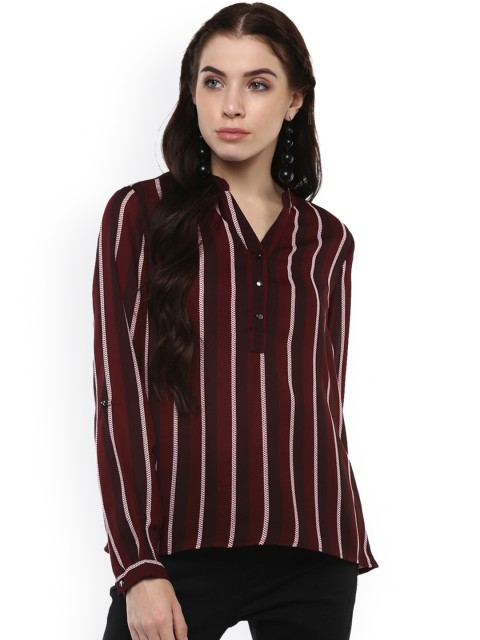 

Harpa Women Maroon Striped Shirt Style Top