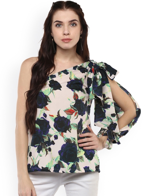 

Harpa Women Beige & Blue Printed One-Shoulder Top