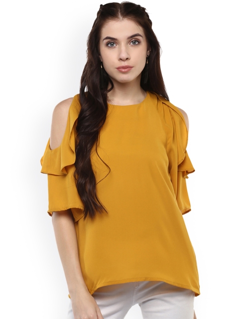 

Harpa Women Mustard Yellow Solid Cold Shoulder Top