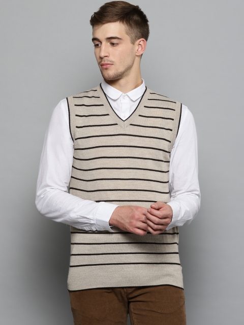 

Louis Philippe Men Beige & Brown Striped Sweater Vest