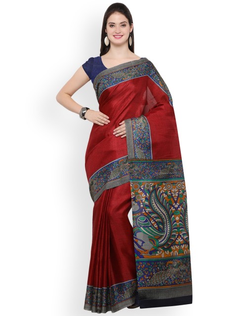 

Satrani Maroon Silk Blend Solid Tussar Saree