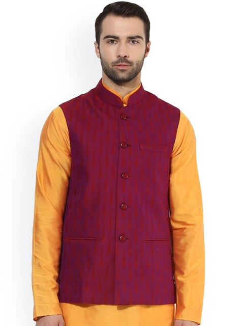 

KISAH Men Magenta Patterned Nehru Jacket