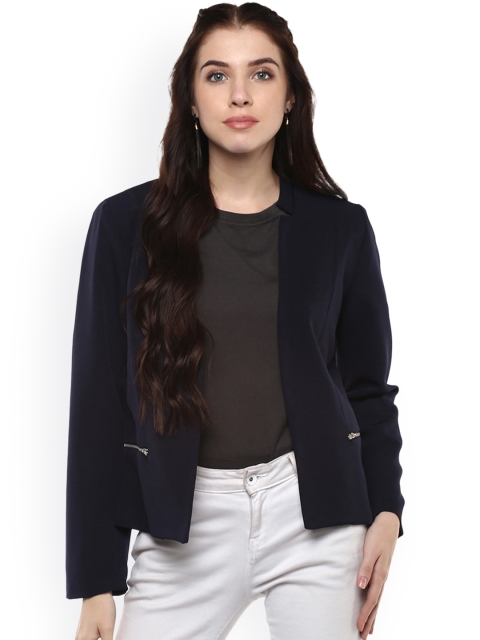 

Harpa Women Navy Blue Solid Open Front Jacket