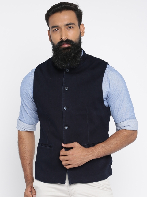 

Parx Men Navy Solid Denim Nehru Jacket, Navy blue