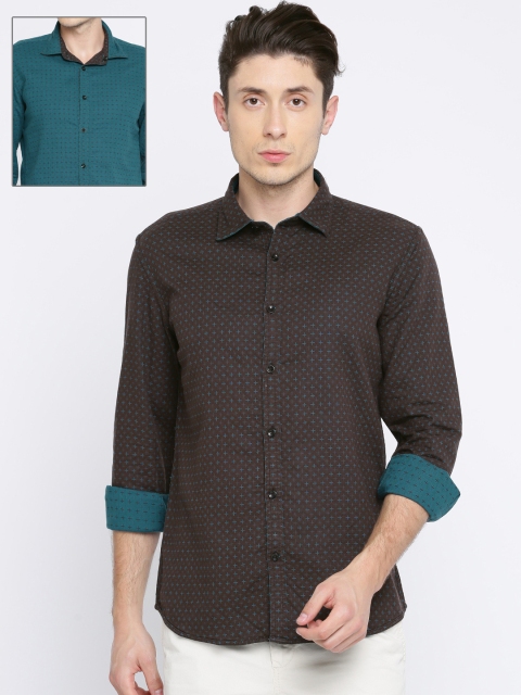 

Parx Men Brown & Teal Blue Slim Fit Printed Casual Shirt