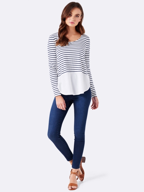 

Forever New Women White Striped High-Low Top