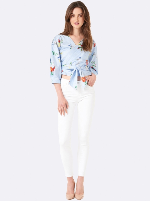 

Forever New Women Blue Striped & Printed Wrap Top