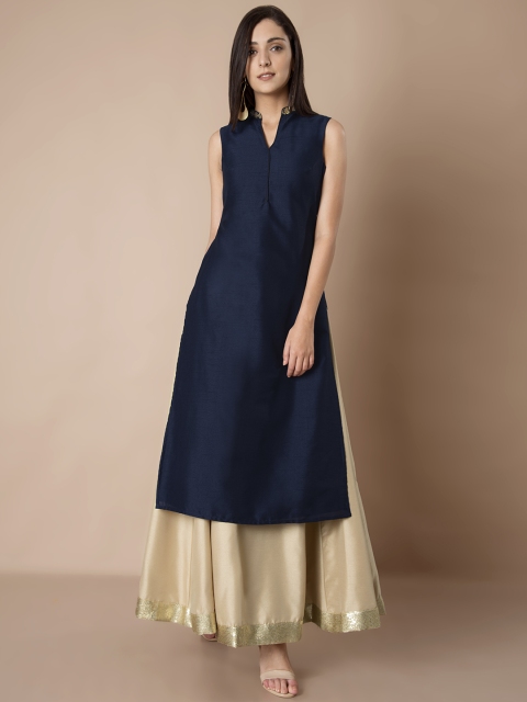 

INDYA Women Navy Solid Straight Kurta, Navy blue