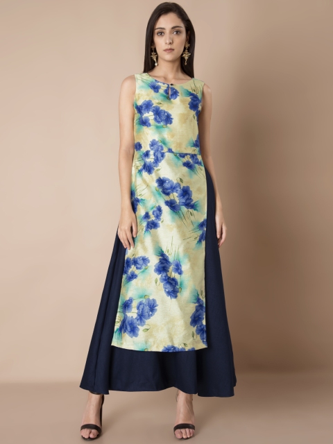 

INDYA Women Blue & Yellow Printed Layered A-Line Kurta with Attached Skirt