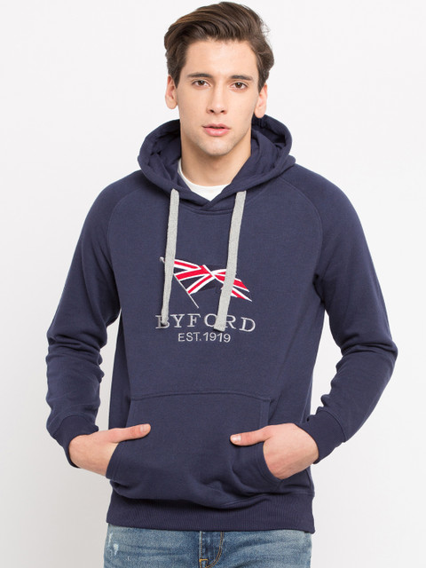 

BYFORD by Pantaloons Men Navy Blue Printed Hooded Sweatshirt