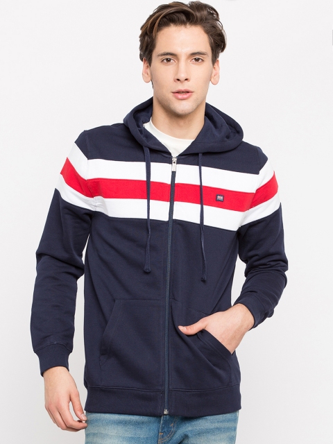 

BYFORD by Pantaloons Men Navy Blue Striped Hooded Sweatshirt