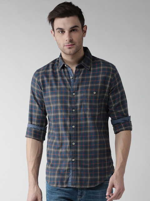 

Harvard Men Blue & Olive Green Checked Casual Shirt