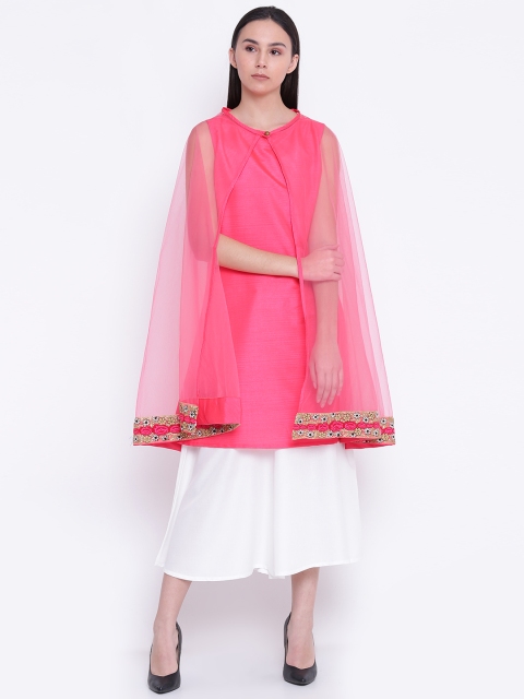

Jashn Coral Pink Solid A-Line Tunic with a Sheer Cape