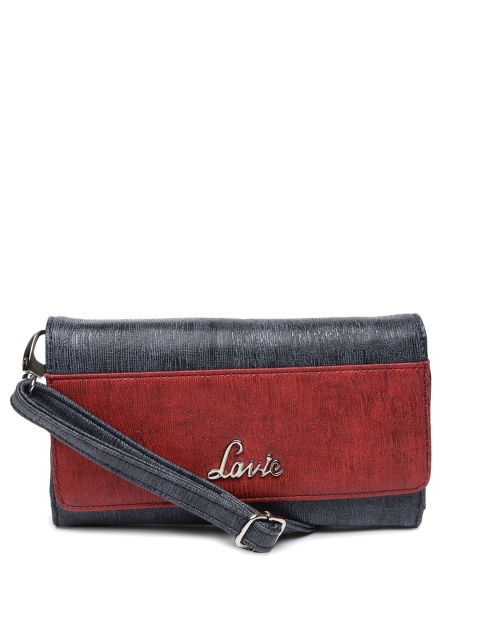 

Lavie Women Navy Blue & Red Colourblocked Textured Three Fold Wallet