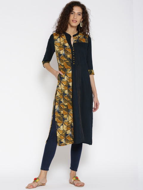 

Shree Women Navy Blue & Mustard Yellow Printed Straight Kurta