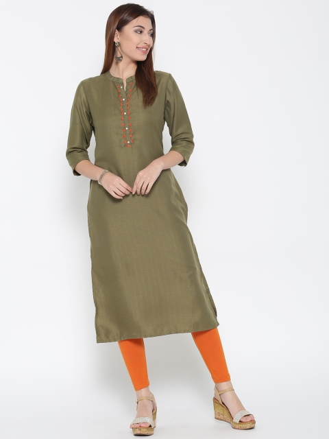 

Shree Women Olive Green Woven Design Straight Kurta