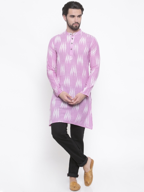 

PIVOTO Men Purple & White Woven Design Straight Ikat Kurta
