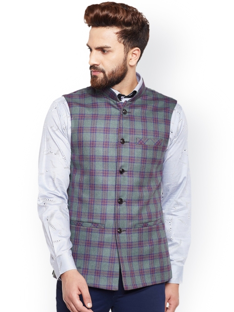 

Hancock Men Green & Purple Woven Checked Nehru Jacket
