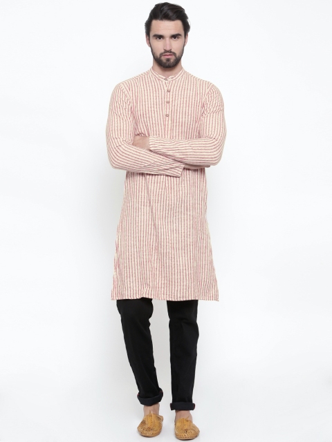 

PIVOTO Men Cream-Coloured & Pink Striped Straight Kurta